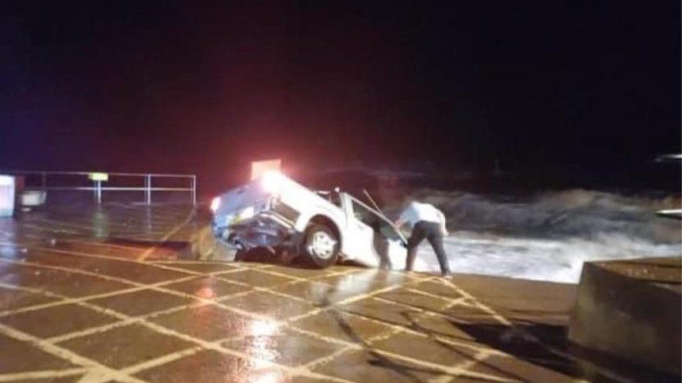 Vehicle falling into sea