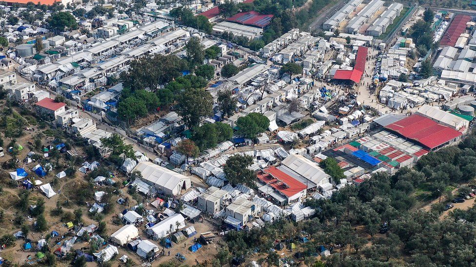 An aerial view of the overcrowded Moria Refugee Camp on October 18, 2019