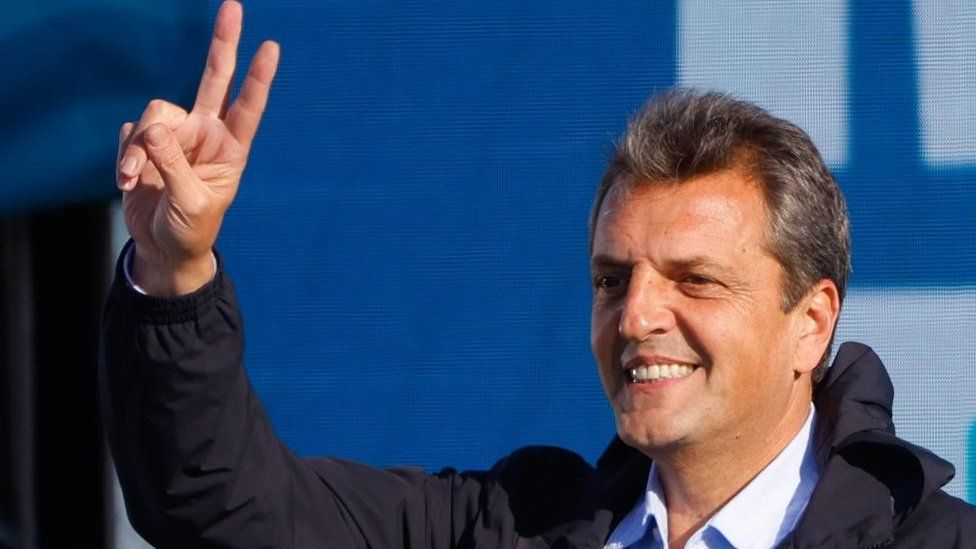 The presidential candidate Sergio Massa gestures as he takes part in the campaign closing ceremony of the Peronist coalition 'Union por la Patria', at the Arsenal stadium in Sarandi, Buenos Aires, Argentina, 17 October 2023.