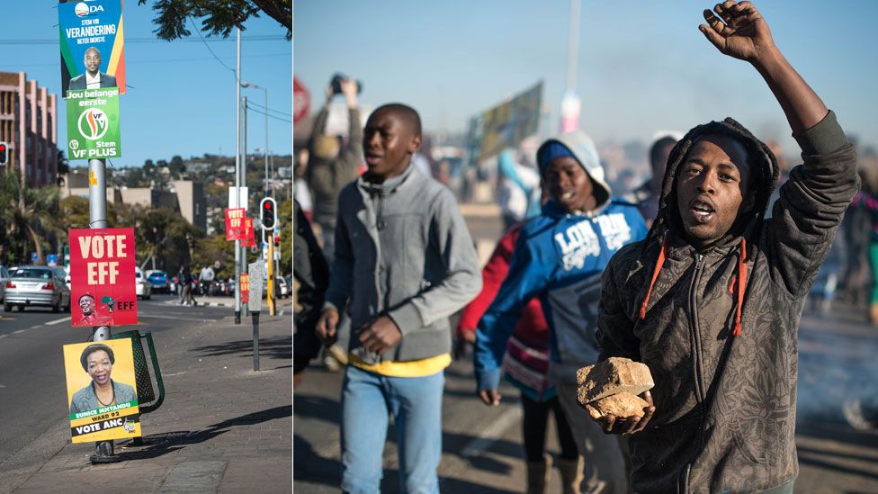 L: South African political parties municipal elections posters hang from a pole on 28 July 2016 in Pretoria R: People protesting about the poor delivery of local services on 22 July 2016