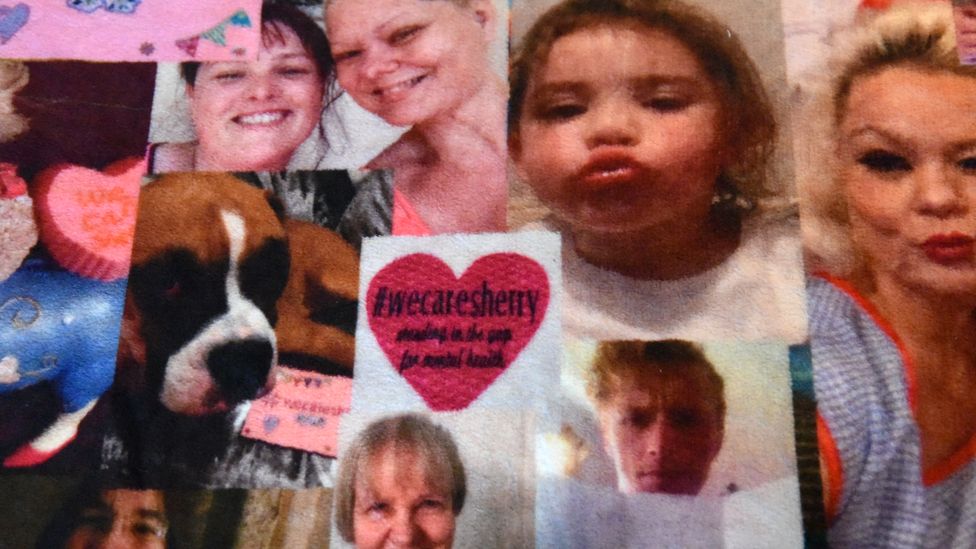 A close-up of a fleece blanket with pictures of friends and family.