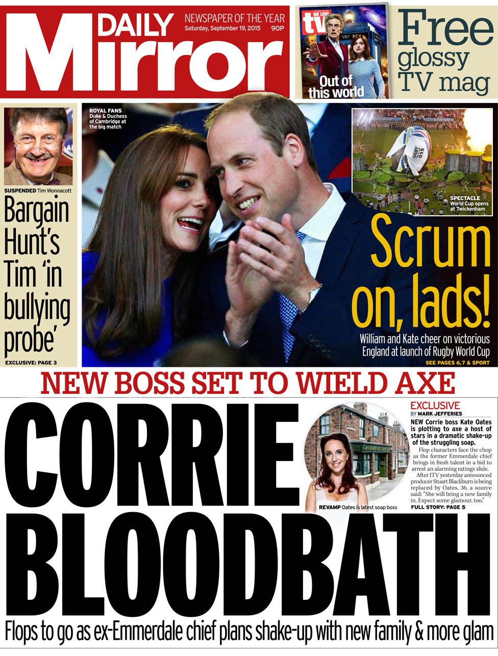 Newspaper headlines: Coronation Street 'bloodbath' and Rugby World Cup ...