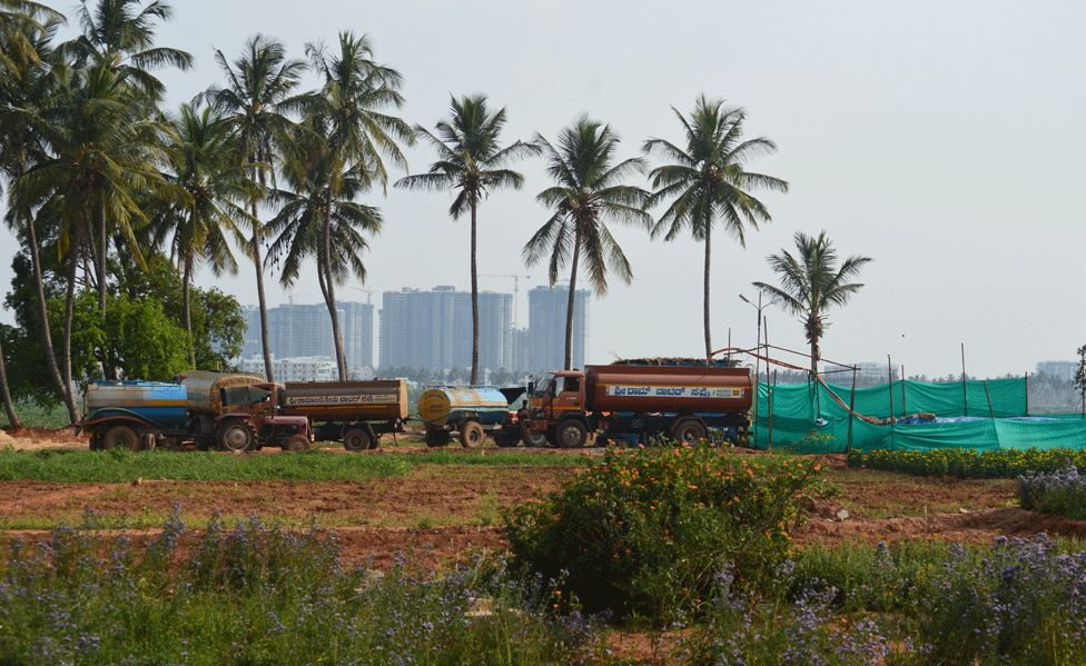 These water trucks draw borewell water from farms in Ramagondanahalli to be sold to the surrounding apartments
