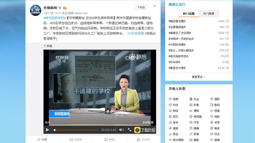Embedded video on CCTV's microblog