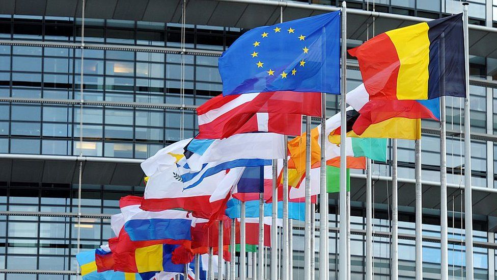 Flags outside the European Parliament building