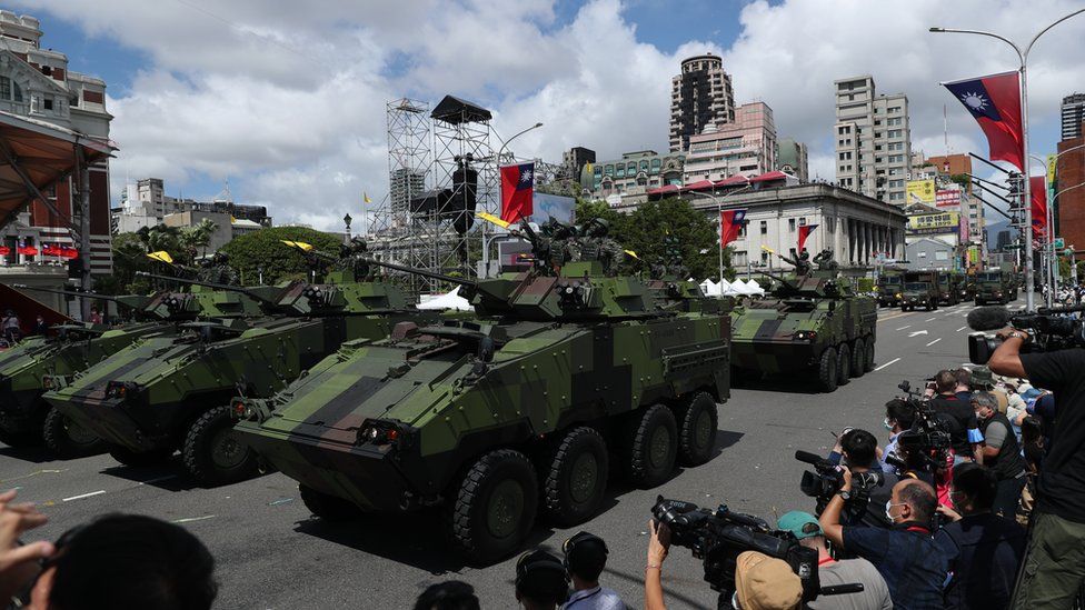 Taiwan military vehicles parade during Taiwan National Day celebrations in Taipei, Taiwan, 10 October 2021.