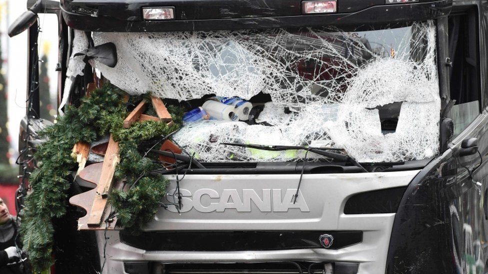 The front of the lorry that struck a busy Christmas market in Berlin