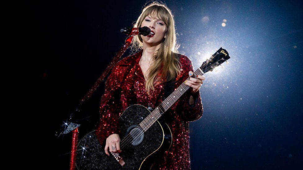 Taylor Swift performs onstage during The Eras Tour at Mercedes-Benz Stadium on April 28, 2023 in Atlanta, Georgia.