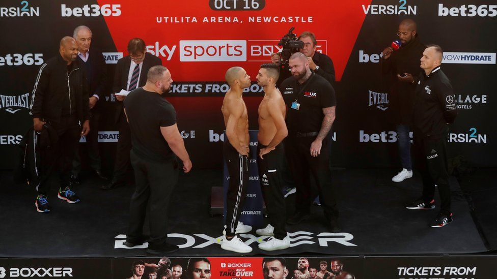 Chris Eubank Jnr and Wanik Awdijan pose head to head during the weigh-in