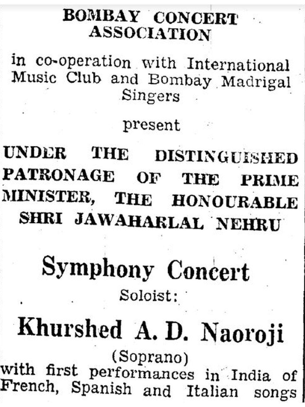 Khurshedben concert advertisement. One of the few surviving sources to document Khurshedben's life after Indian independence. Here, Nehru attends a concert held in Bombay where Khurshedben was a soloist.
