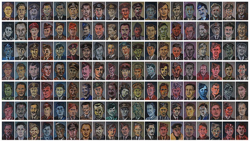 Dan Llywelyn Hall's portraits of the 133 airmen arranged in their squadrons