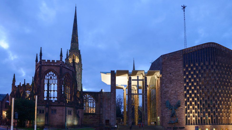 Coventry's two cathedrals at dusk