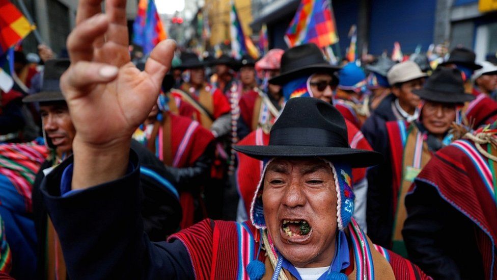 A supporter of former Bolivian President Evo Morales gestures during a protest, in La Paz, Bolivia, on 14 November 2019