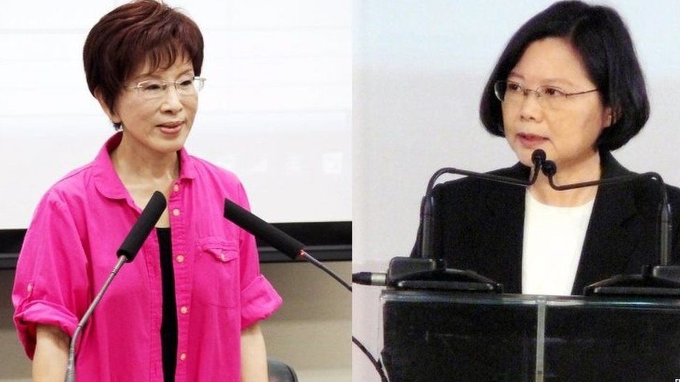 Chinese Nationalist Party's presidential candidate Hung Hsiu-chu (L) in Taipei, Taiwan, on 24 June 2015, and opposition Democratic Progressive Party's presidential candidate Tsai Ing-wen (R) in Taipei on 10 March 2011