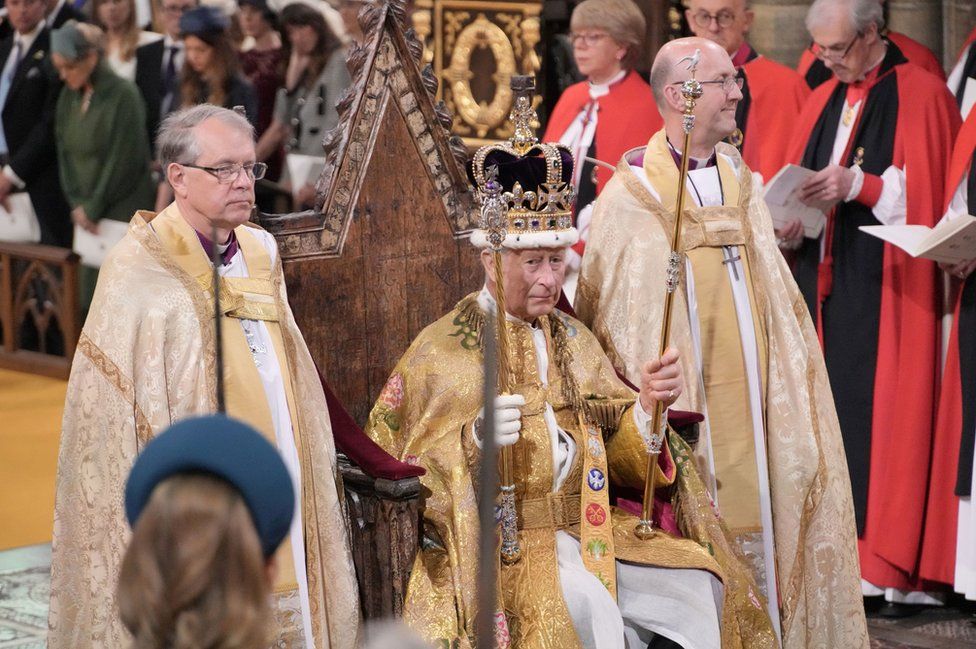 King Charles III was crowned with St Edward's Crown during his coronation ceremony in Westminster Abbey