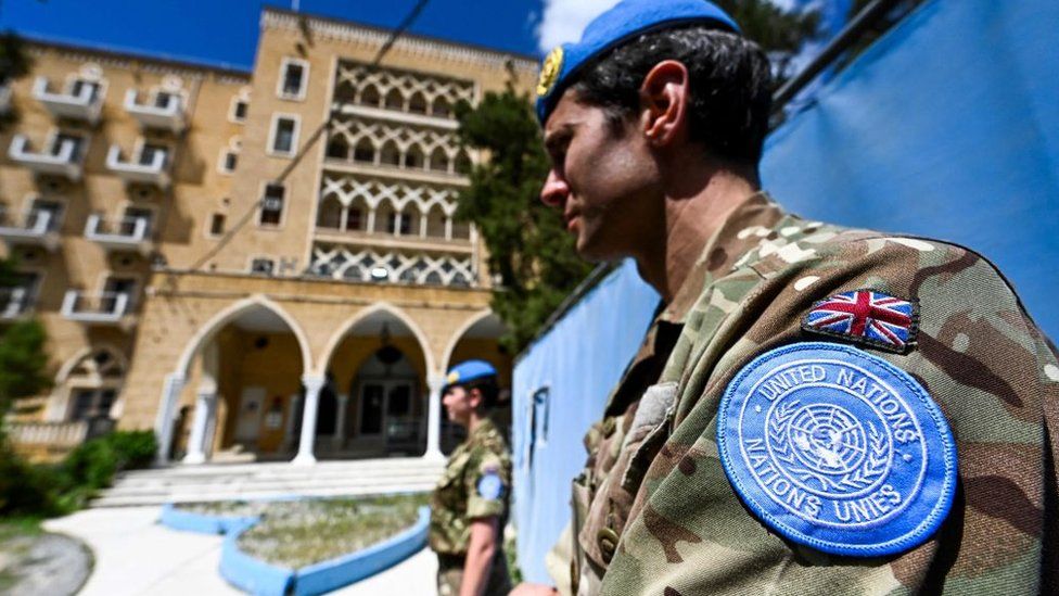UN peacekeepers with the United Nations Peacekeeping Force in Cyprus (UNFICYP) from the British Household Cavalry Regiment at the Ledra Palace in the UN buffer zone separating the divided capital of Nicosia, April 5, 2023.
