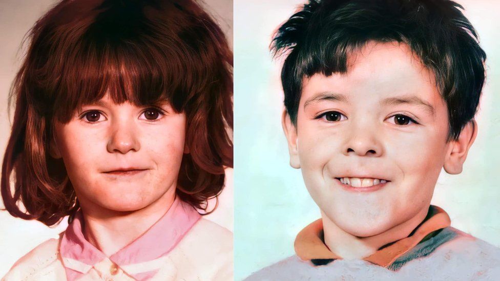 Irene McMonigle and John McMonigle pictured in side to side school portraits