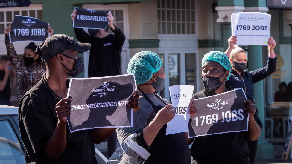 Restaurant workers in Cape Town demonstrating against South Africa's alcohol ban in July 2020