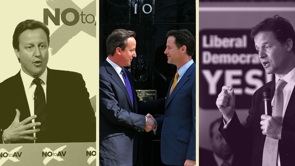 Composite image David Cameron and Nick Clegg with the logos of the No and Yes campaigns