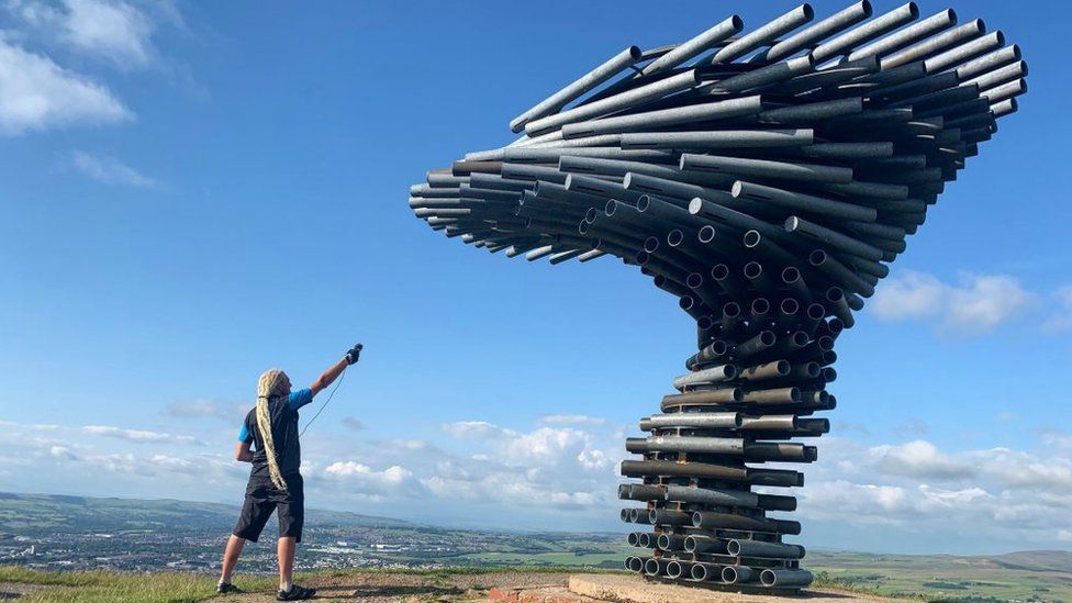 Paul records at the Singing Ringing Tree sculpture near Burnley