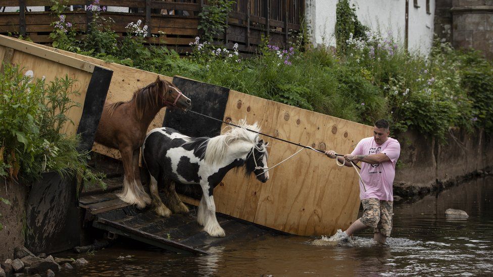 Horses are pulled into the River Eden to be washed during the annual Appleby Horse Fair