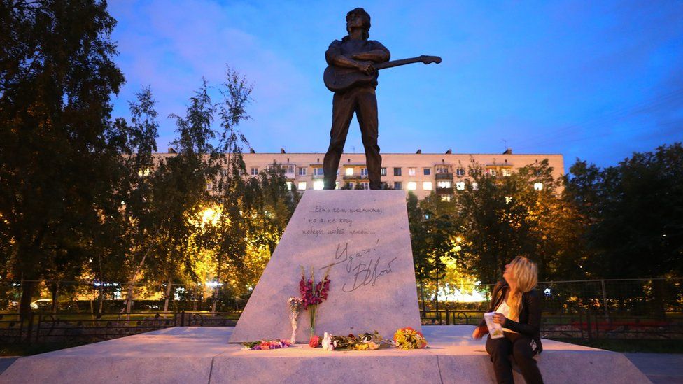 A statue of Russian musician Viktor Tsoi installed to mark his 30th death anniversary in St Petersburg's Kirovsky District