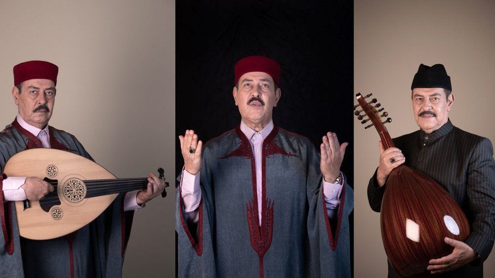 A composite of Lotfi Bouchnak in traditional costume during a studio photoshoot.