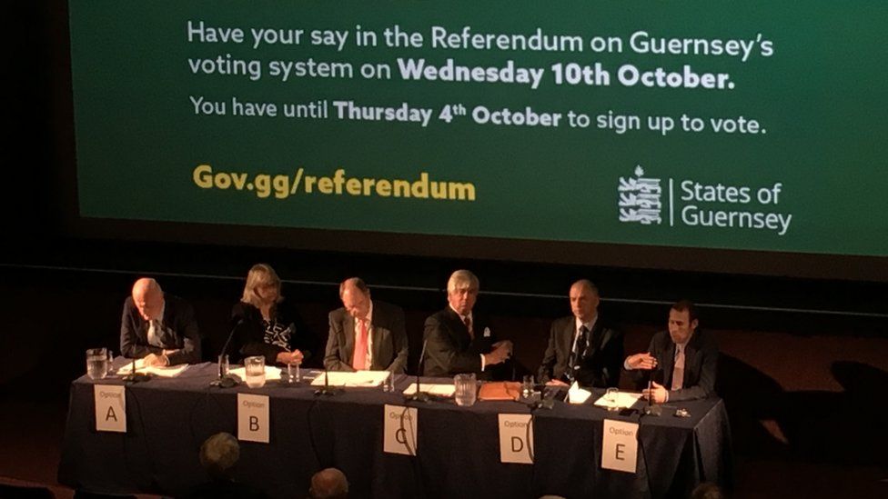 Speakers for the five options in Guernsey's island-wide voting referendum present their options at a debate in St Peter Port