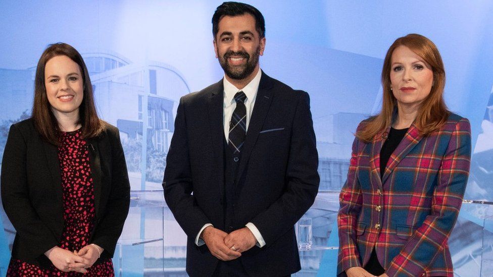 SNP leadership candidates Kate Forbes, Humza Yousaf and Ash Regan taking part in a SNP leadership debate at STV's studios in Glasgow