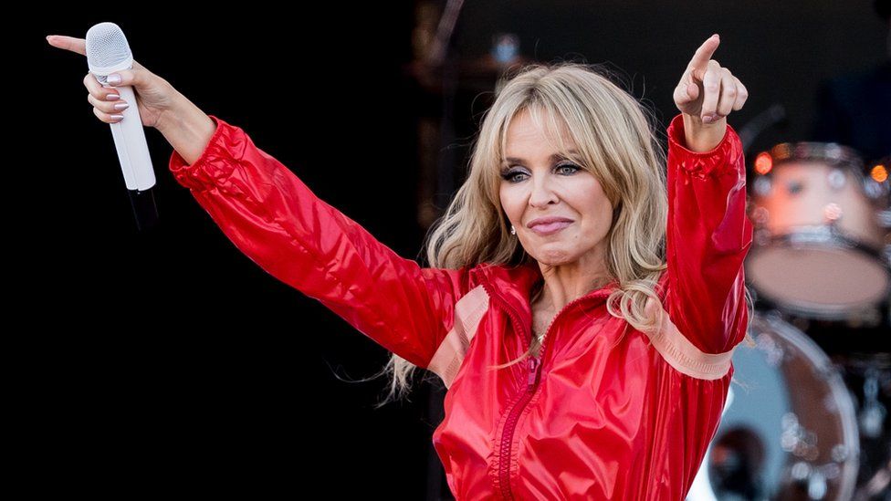 Kylie Minogue performing on the Pyramid stage