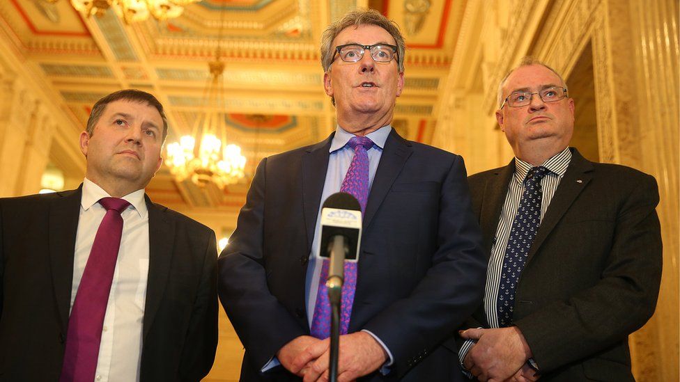 UUP leader Mike Nesbitt with party colleagues Robin Swann and Steve Aiken