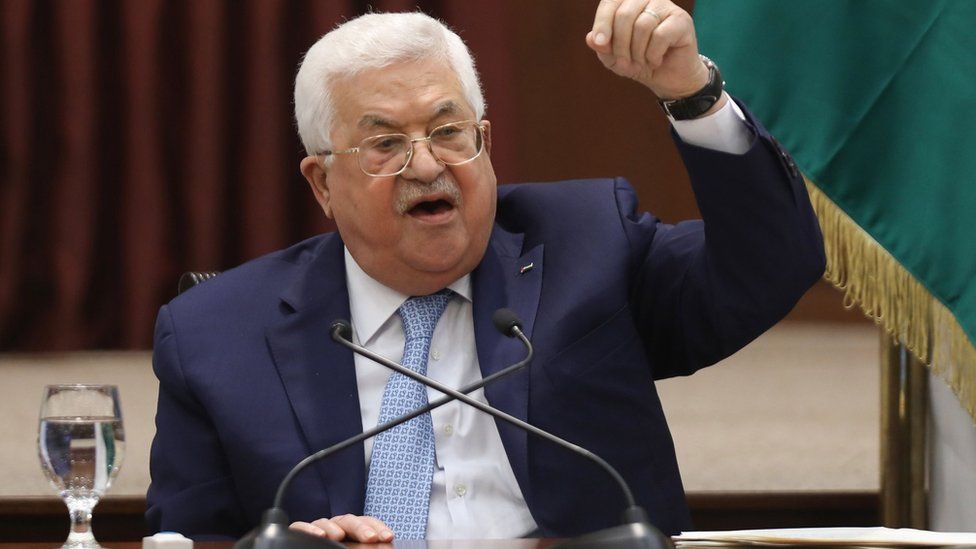 Mahmoud Abbas gestures as he gives a speech in Ramallah on 19 May 2020