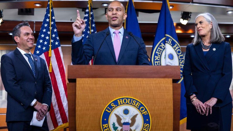 Hakeem Jeffries (C) speaks to the media after fellow Democrats elected him the new Minority Leader of the House. Also pictured are Representative Pete Aguilar of California, who was elected Chairman of the Party Caucus, and Representative Katherine Clark of Massachusetts (R), who was elected as Minority Whip.