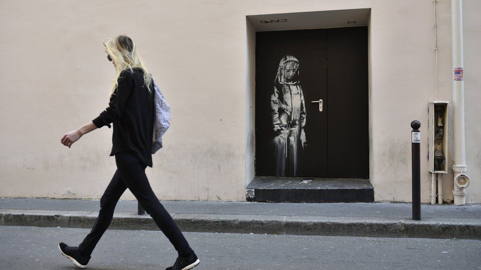A recent artwork believed to be attributed to Banksy is of a woman veiled in mourning next to the Bataclan concert venue in Paris, France