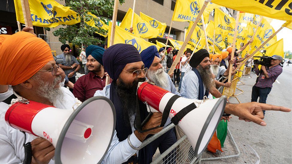 Sikhs protest for the independence of Khalistan in front of the Indian Consulate in Toronto, Canada, on July 8, 2023