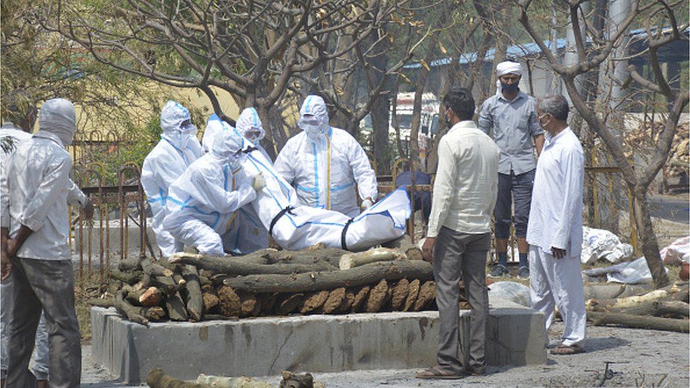 A Covid patient being cremated in Ghaziabad in Uttar Pradesh
