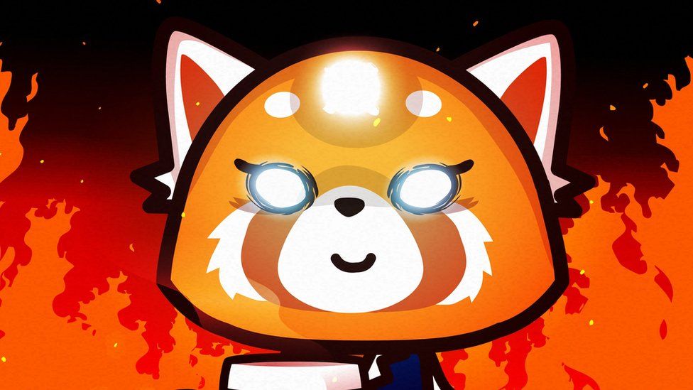 Aggretsuko, surrounded by flames.