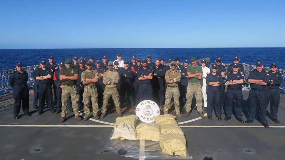British sailors, Royal Marines and a US Coast Guard team on HMS Trent intercepted a smuggling speedboat
