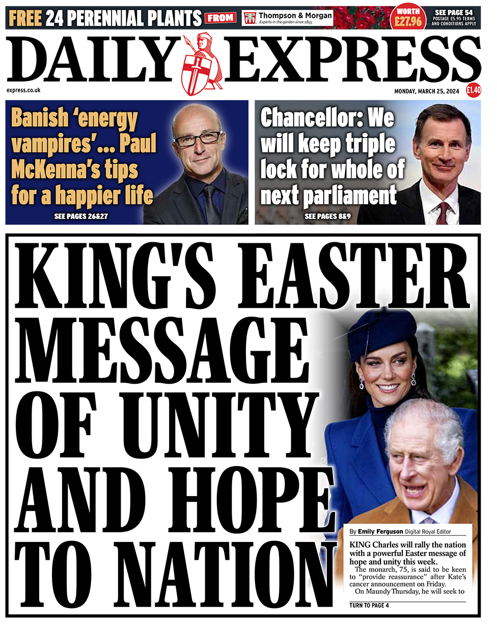 《每日快报》头版的标题是： "国王向国家传达团结与希望的复活节讯息"
