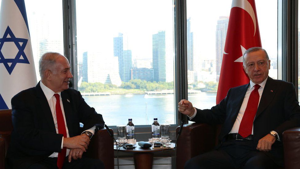 Turkish President Recep Tayyip Erdogan and Israeli Prime Minister Benjamin Netanyahu pictured in September 2023