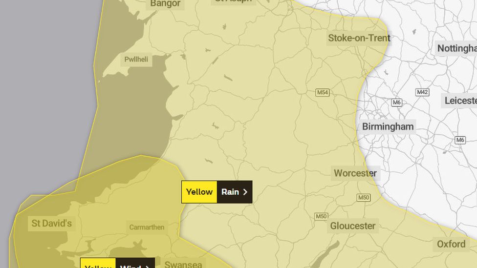 Weather map showing rain and wind yellow warnings over south, mid and north Wales on Wednesday