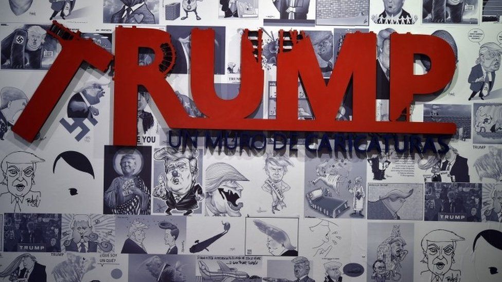 Caricatures depicting US Republican presidential candidate Donald Trump, are displayed as part of the exhibition "A Wall of Caricatures", at the Caricature Museum in Mexico City on October 17, 2016