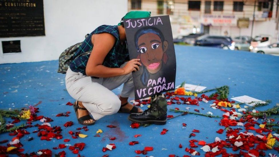 A woman takes part in a protest against the murder of Victoria Salazar Arriaza, a Salvadoran woman who died in Mexican police custody, in San Salvador, El Salvador March 29, 2021