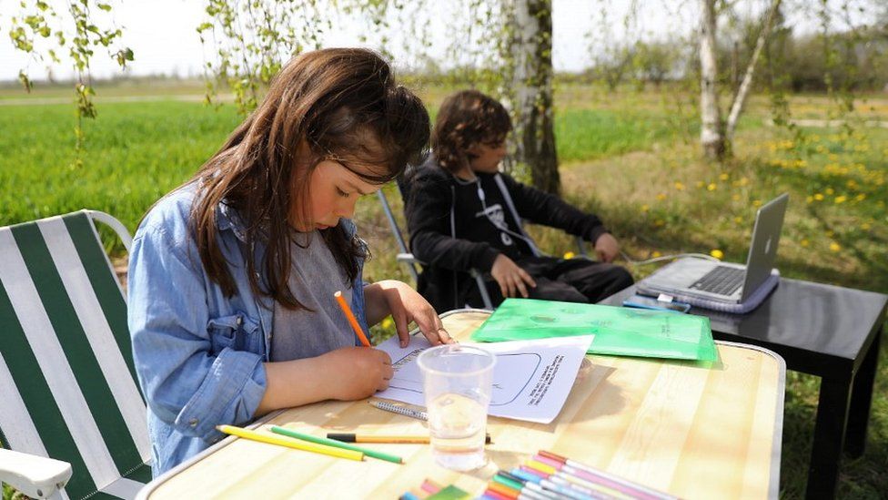 Children studying in Ciszyca Dolna, southeastern Poland, 24 Apr 20
