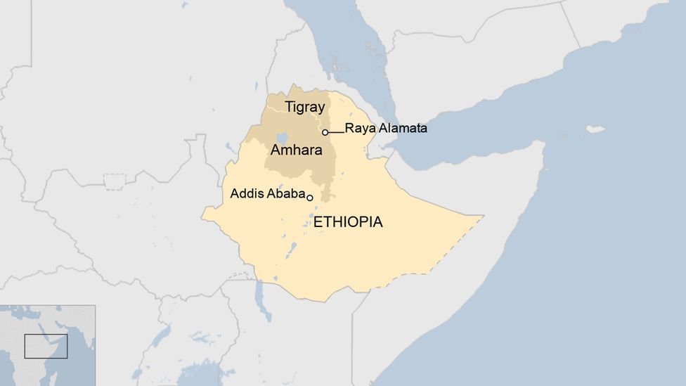 A map of Ethiopia showing the regions of Tigray and Amhara, and the disputed area of Raya Alamata.