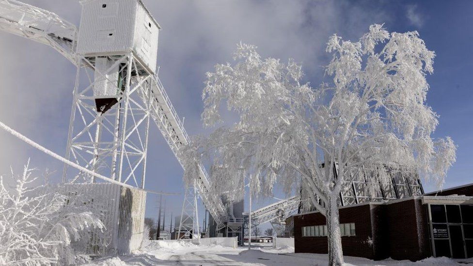 A tree covered in ice as a result of steam exhaust from a BASF chemical plant in Ames, Iowa, USA, 14 January 2024. Republican presidential candidates have been campaigning in the state before Iowa's first-in-the-nation caucus on 15 January; temperatures in the region have dropped to dangerously cold levels due to an arctic airmass, conditions that are expected continue into Monday and may affect voter turnout.