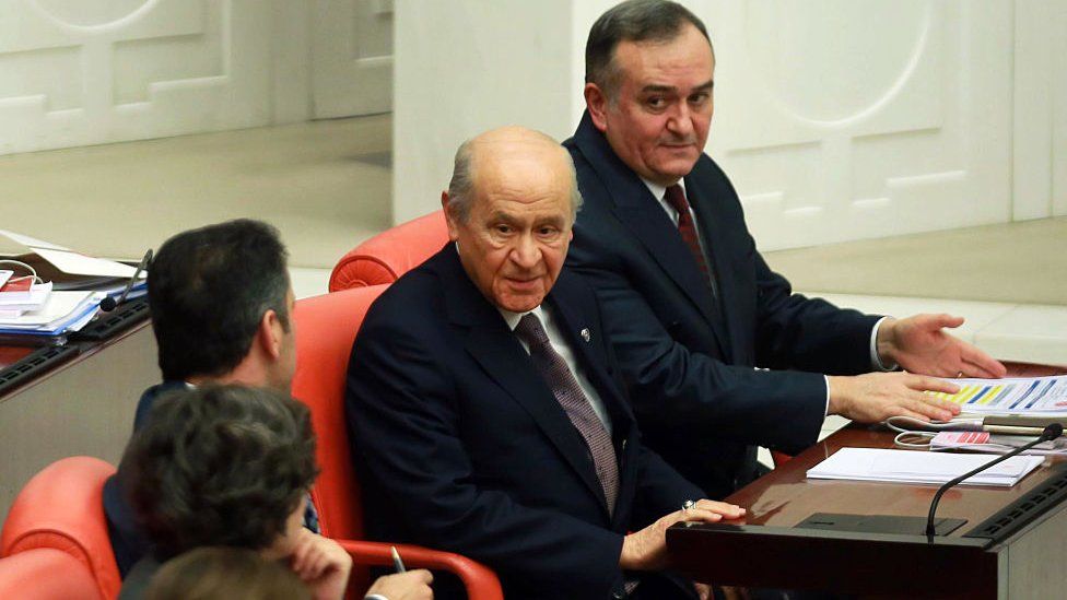 Devlet Bahceli, the leader of opposition Nationalist Movement Party, attends the parliamentary session for the debates on a new draft constitution at the Turkish Grand National Assembly