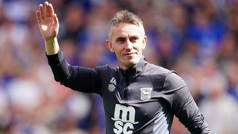 Ipswich Town manager Kieran McKenna celebrates their side’s promotion to the Premier League after the Sky Bet Championship match at Portman Road, Ipswich. Picture date: Saturday May 4, 2024. PA Photo.