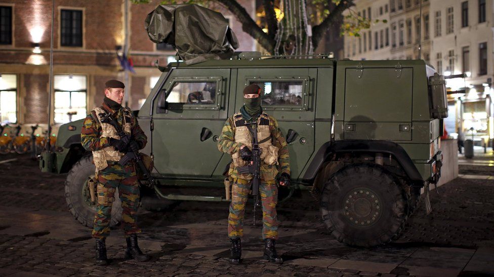 Belgian soldiers patrol in central Brussels