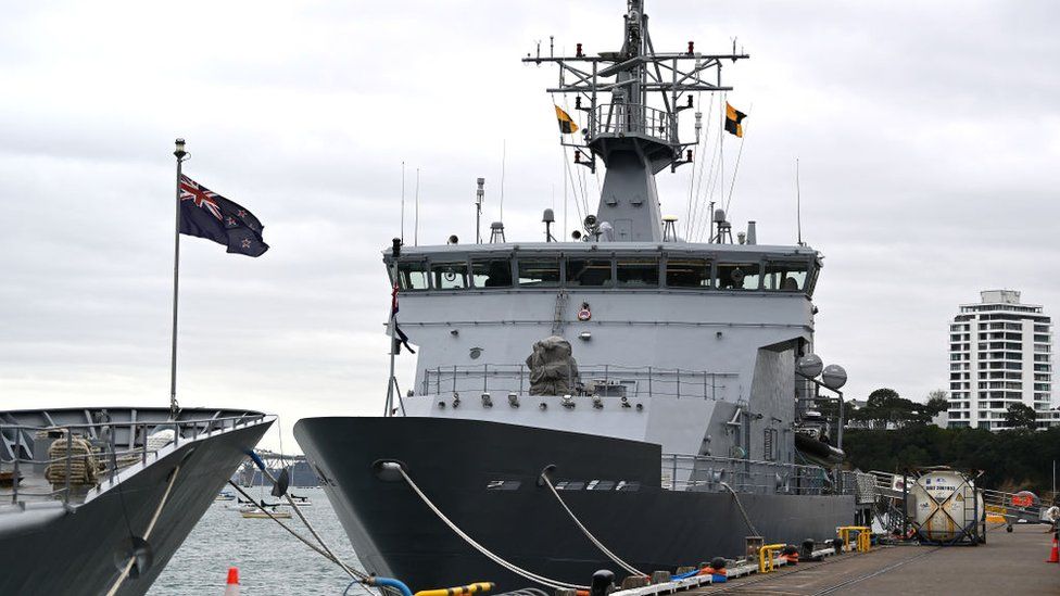 HMNZS Wellington in Auckland, New Zealand prior to delivering Covid-19 vaccines to Tokelau and the northern Cook Islands, July 2021